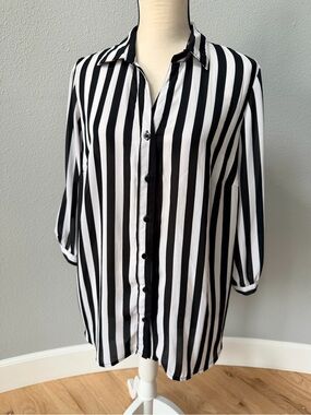 +Plus Moda Striped Lace Back Button Down Blouse Tunic Shirt Black White 16W
